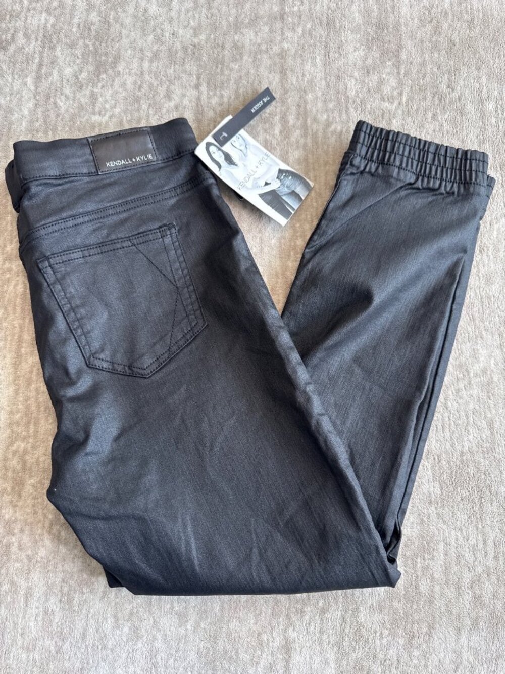 Kendall + Kylie Women's Coated Black Jogger Pants Drawstring Waist Size Large